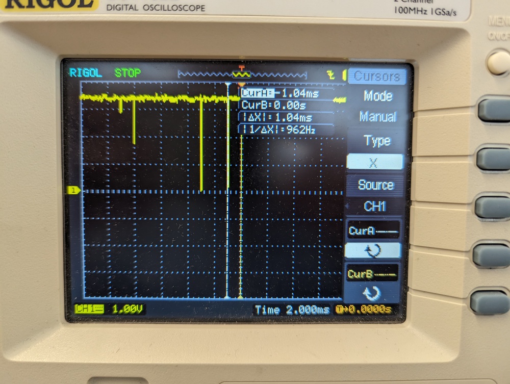 Probing the switch pin. The difference between spikes is sometimes 1000Hz, which would match the keyboard's polling rate.