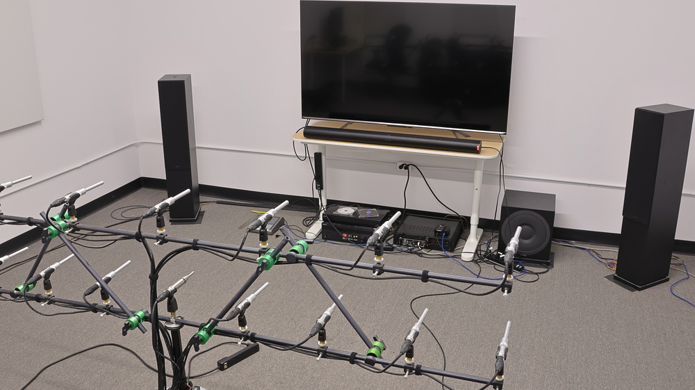 An image of our microphone array setup in our treated testing room with the Sonos Arc Ultra.