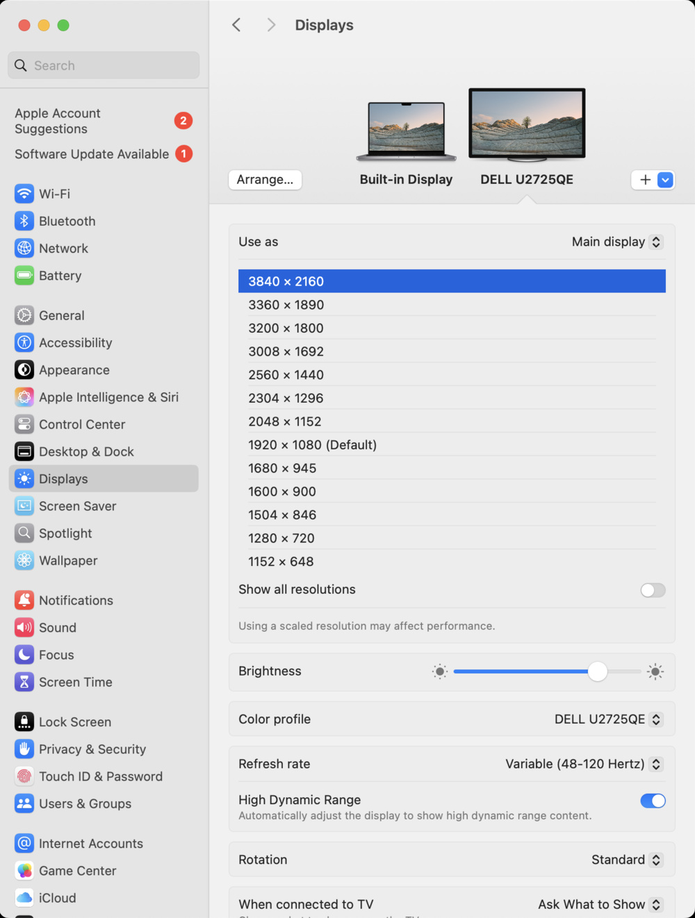 Screenshot of macOS Sequoia 15's display settings with the Dell U2725QE connected.