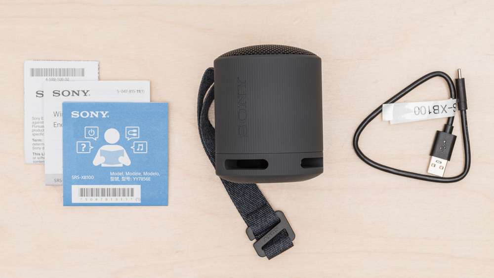 The Sony SRS-XB100 with its USB-A to USB-C charging cable.